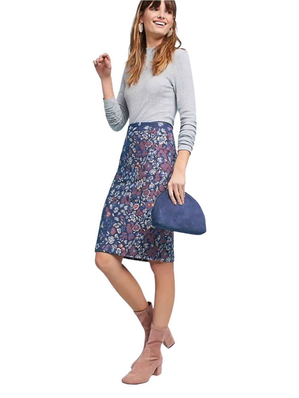 Maeve Anthropologie Floral Jacquard Knit Pencil Skirt Blue XS